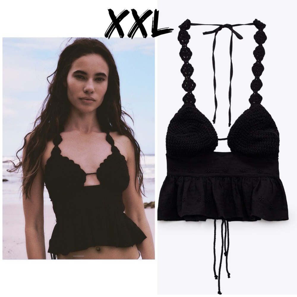 Zara crochet halter top open work embroidery ruffles handcrafted